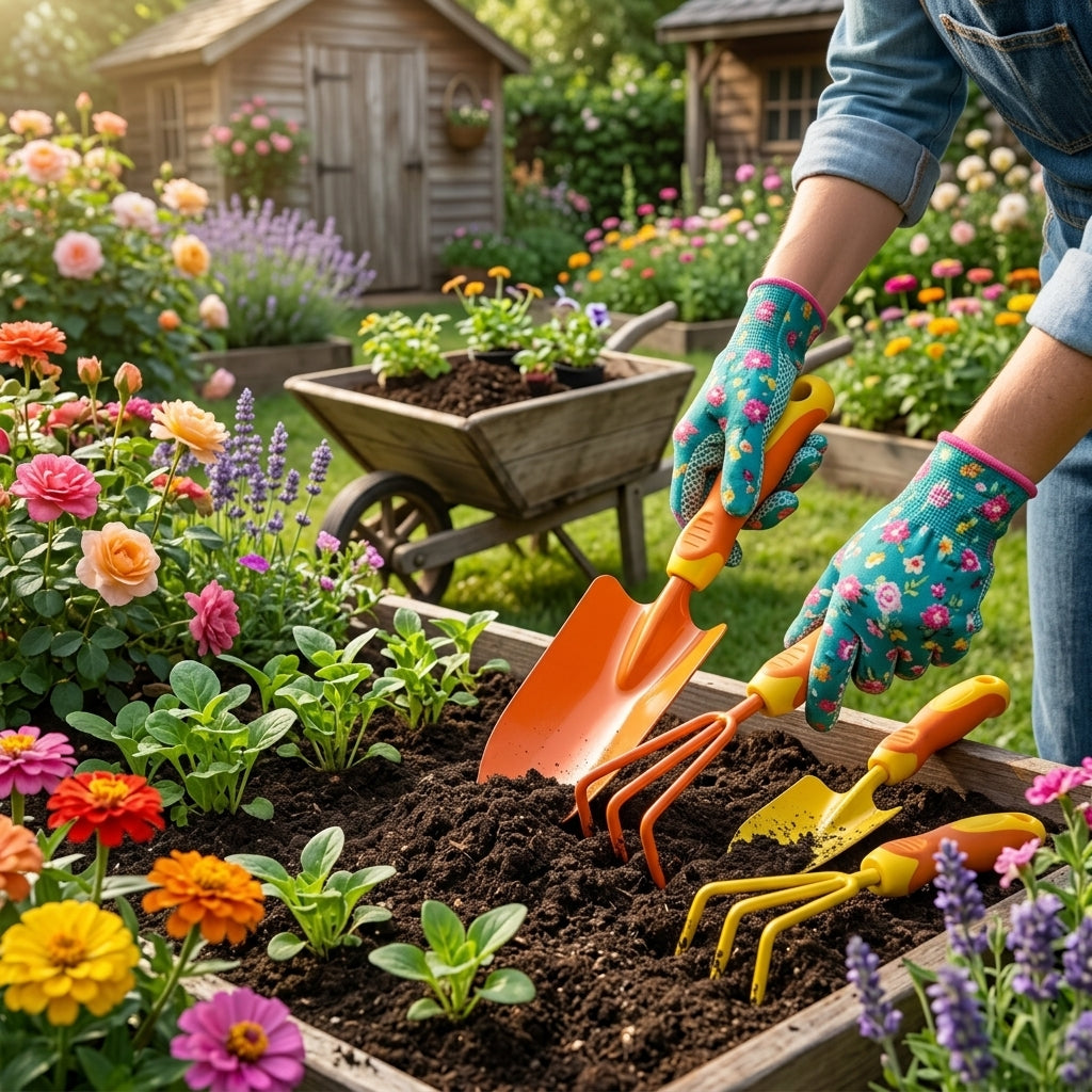 CvbFdsk 5-Piece Garden Tool Set with Floral Gardening Gloves, Hand Trowels, Cultivator and Fork