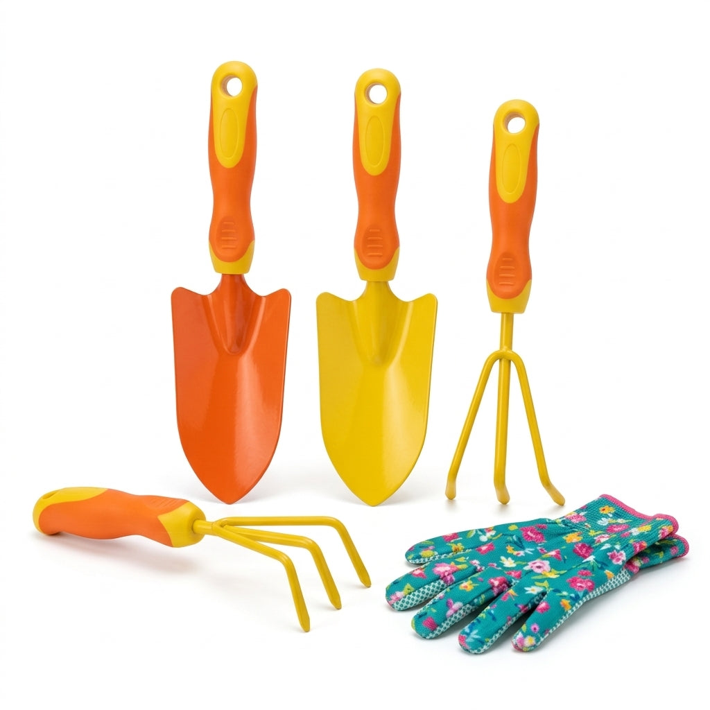 CvbFdsk 5-Piece Garden Tool Set with Floral Gardening Gloves, Hand Trowels, Cultivator and Fork